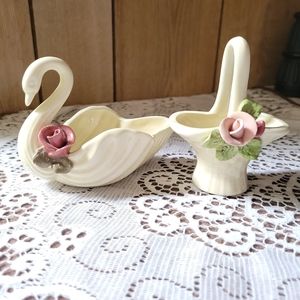 Vintage Ceramic Miniature Swan Basket Set Signed Trinket Home Decor